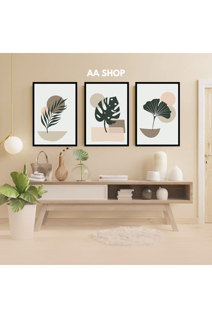 3 Parça Çiçek Yaprak Renkli Solmaz Kaliteli Baskı Çerçeve Görünümlü MDF Tablo Set 64