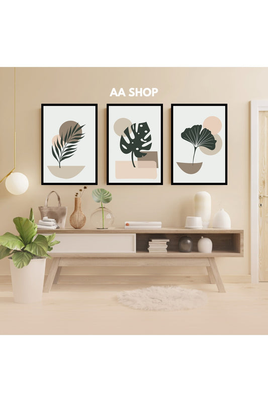 3 Parça Çiçek Yaprak Renkli Solmaz Kaliteli Baskı Çerçeve Görünümlü MDF Tablo Set 64