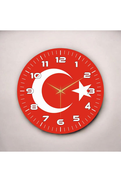 Sade Kırmızı Renkli Baskı Türk Bayrağı Desenli Sayılı Hediyelik Ahşap Sessiz Tablo Duvar Saati