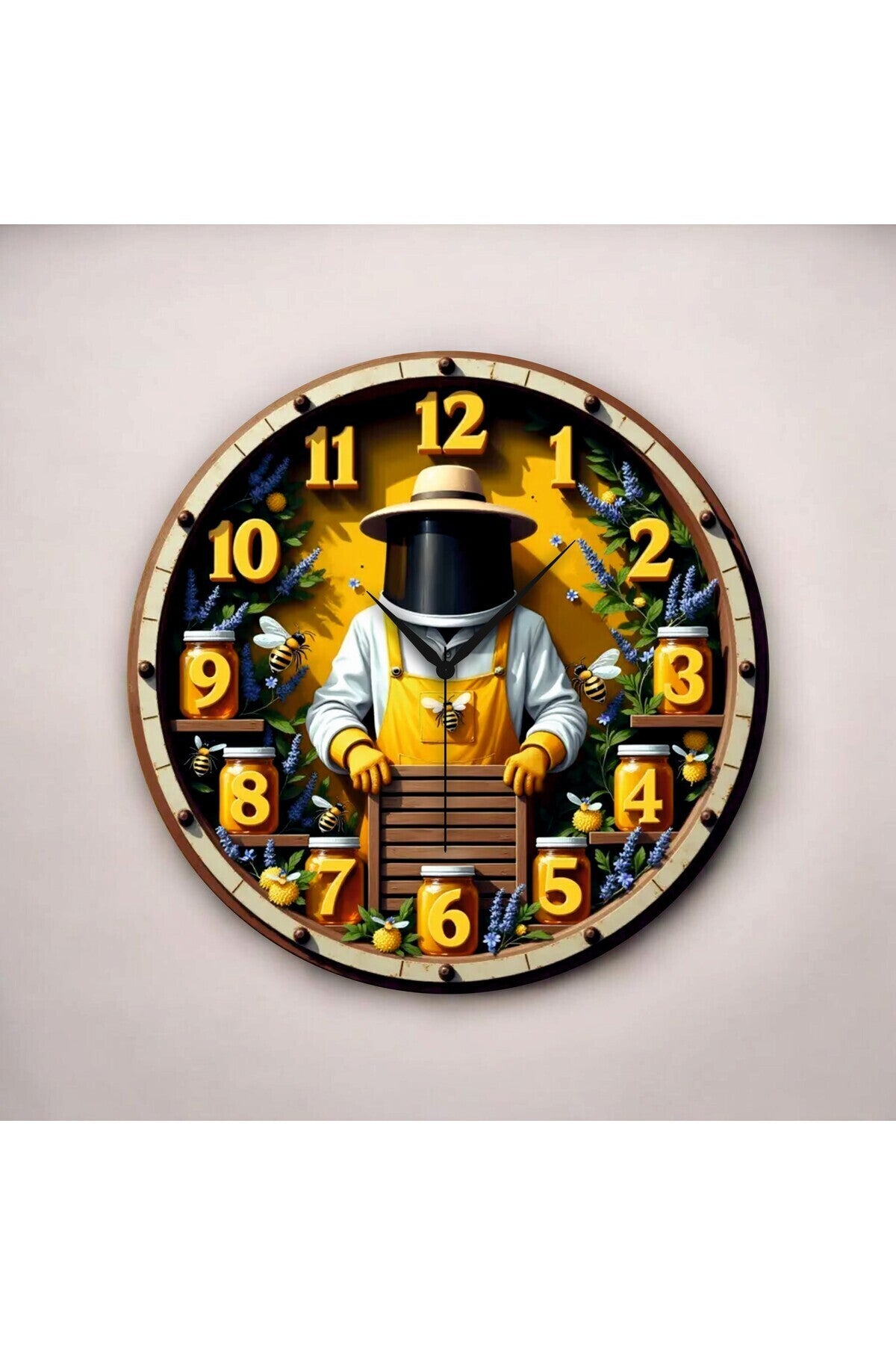 Renkli Baskı Arıcı Bal Desenli Sayılı Hediyelik Ahşap Sessiz Tablo Duvar Saati 45cm