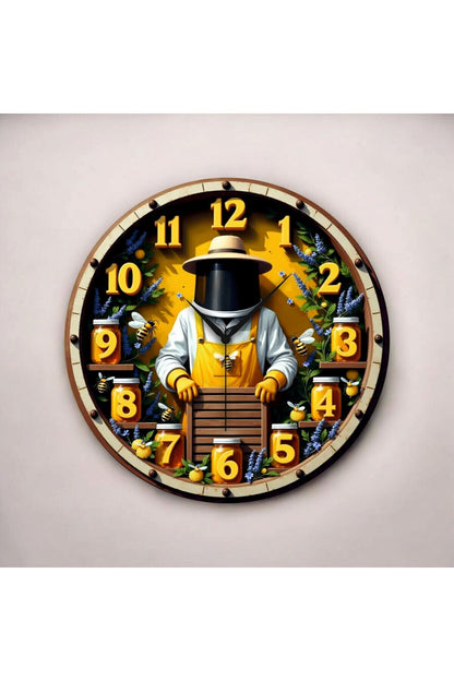 Renkli Baskı Arıcı Bal Desenli Sayılı Hediyelik Ahşap Sessiz Tablo Duvar Saati 45cm