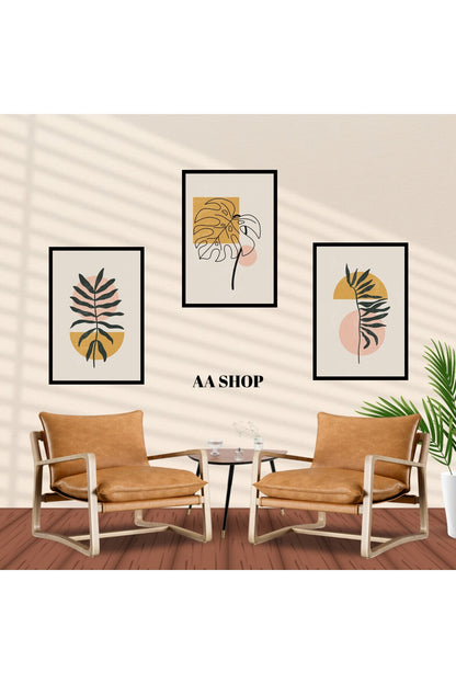 3 Parça Çiçek Yaprak Renkli Solmaz Kaliteli Baskı Çerçeve Görünümlü MDF Tablo Set 12