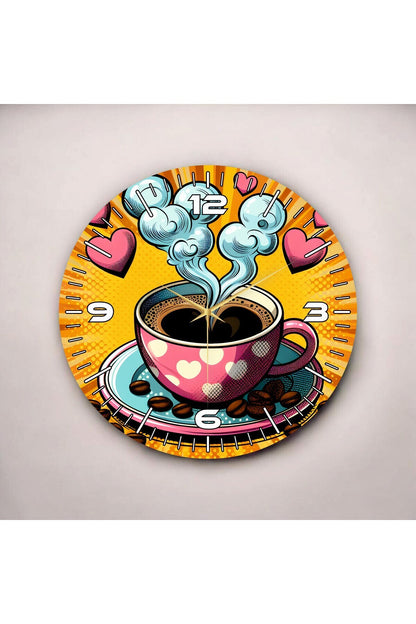 Renkli Baskı Kahve Desenli Sayılı Hediyelik Ahşap Sessiz Tablo Duvar Saati