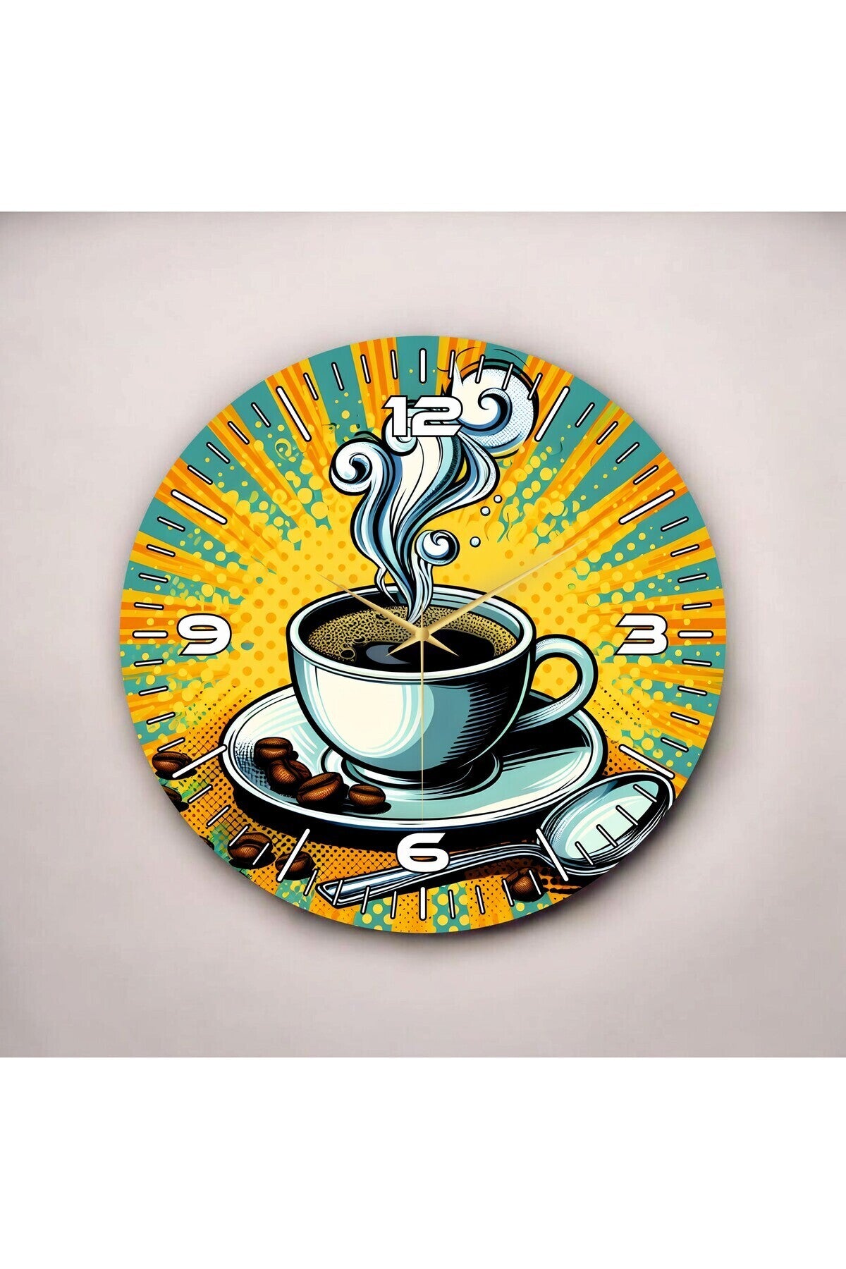 Kahve Fincanı Renkli Baskı Desenli Sayılı Hediyelik Ahşap Sessiz Tablo Duvar Saati