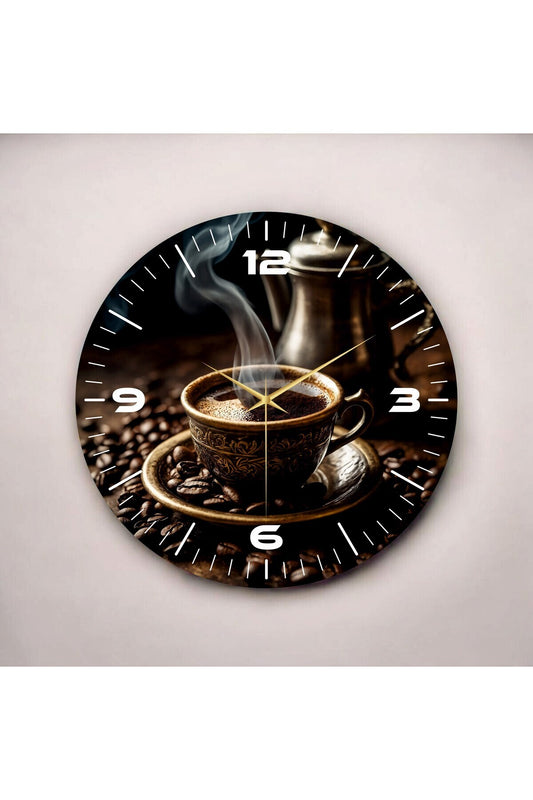 Koyu Renkli Baskı Kahve Fincanı Desenli Sayılı Hediyelik Ahşap Sessiz Tablo Duvar Saati