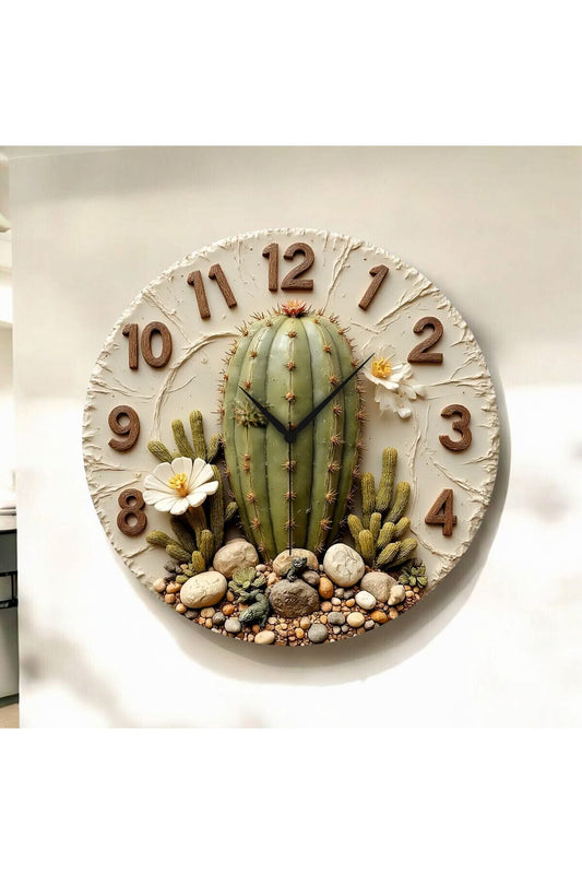 Renkli Baskı Kaktüs Bitki Desenli Sayılı Hediyelik Ahşap Sessiz Tablo Duvar Saati