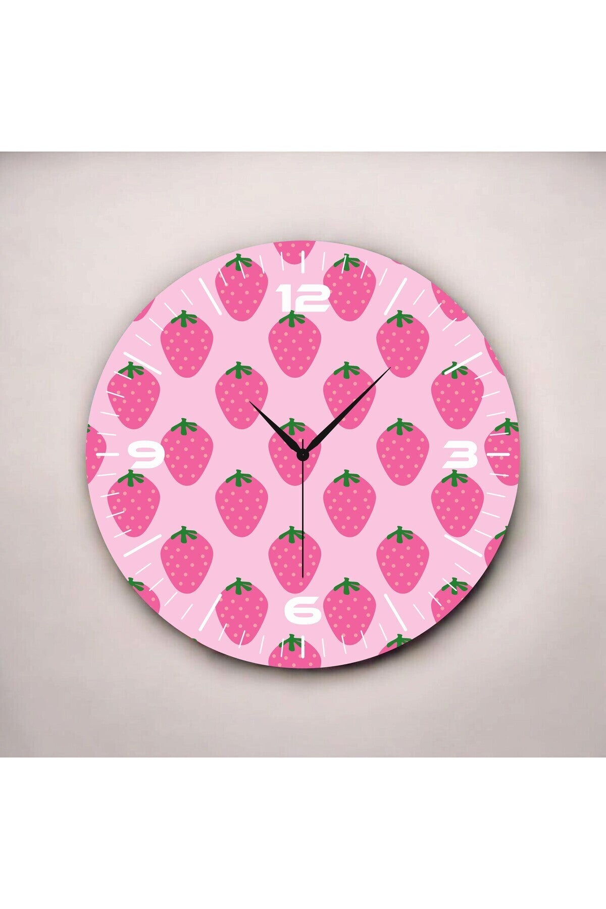 Pembe Renkli Baskı Çilek Desenli Sayılı Hediyelik Ahşap Sessiz Tablo Duvar Saati 50cm