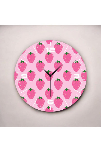 Pembe Renkli Baskı Çilek Desenli Sayılı Hediyelik Ahşap Sessiz Tablo Duvar Saati 50cm