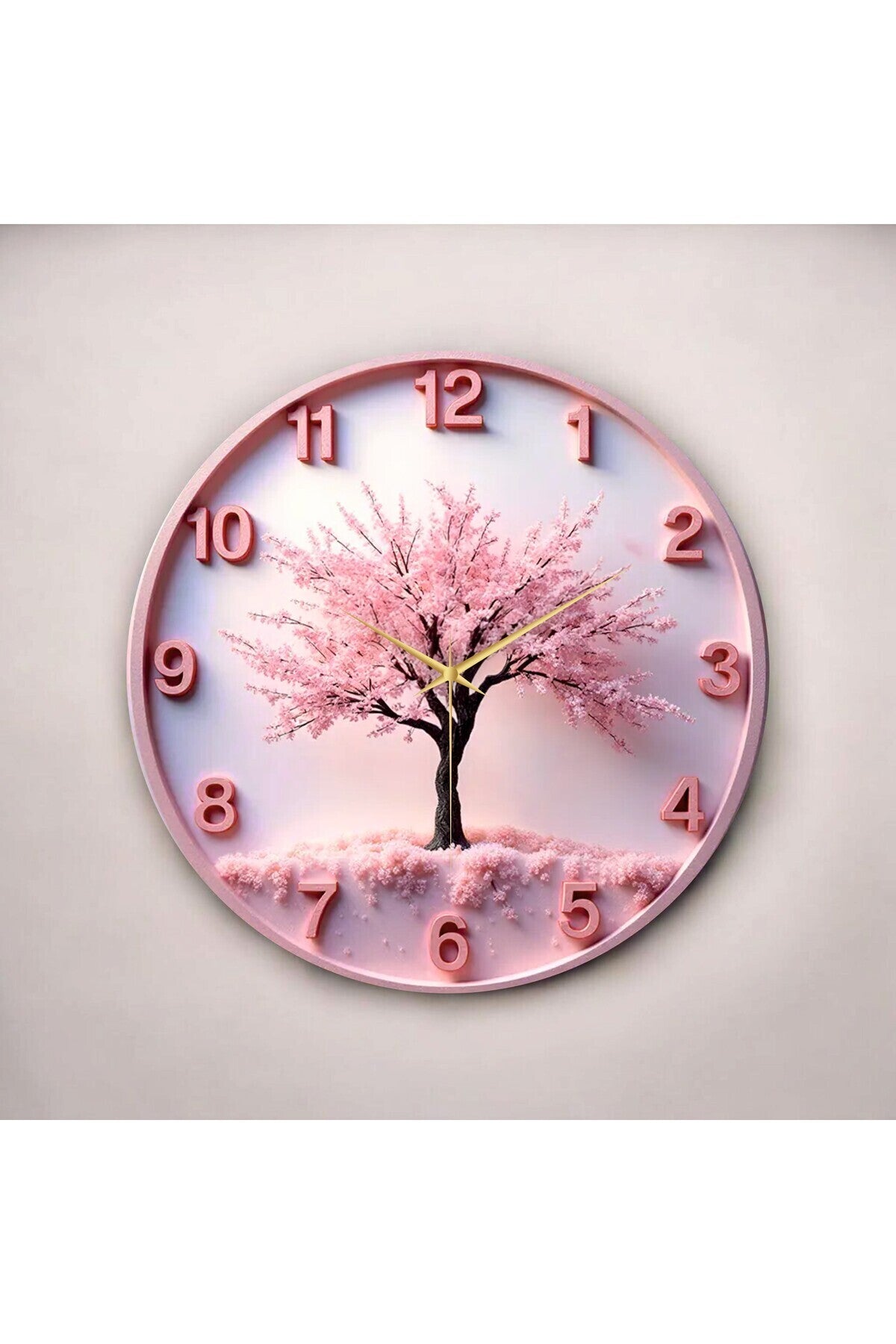 Pembe Renkli Baskı Ağaç Doğa Desenli Sayılı Hediyelik Ahşap Sessiz Tablo Duvar Saati