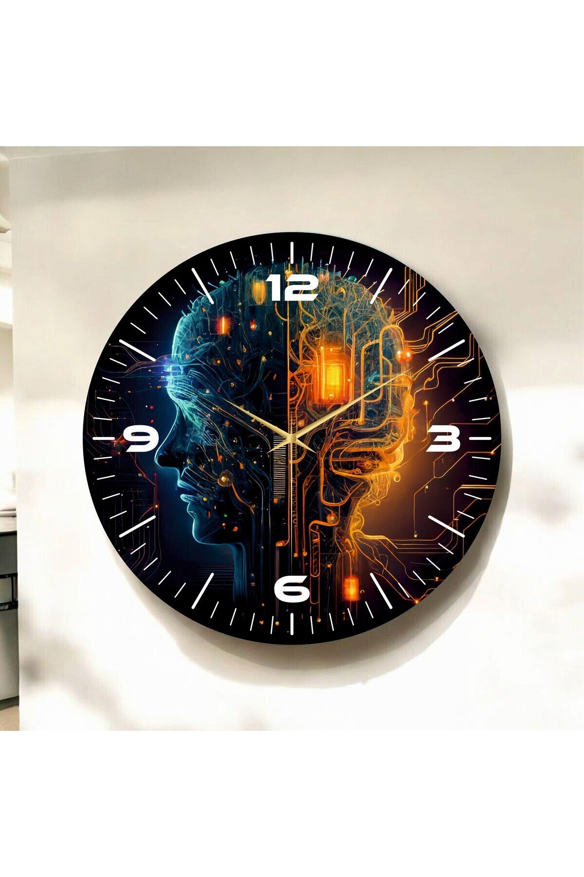 Renkli Baskı İnsan Makine Desenli Sayılı Hediyelik Ahşap Sessiz Tablo Duvar Saati