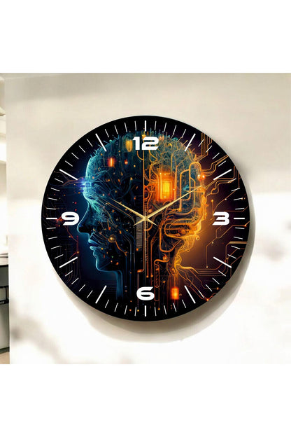 Renkli Baskı İnsan Makine Desenli Sayılı Hediyelik Ahşap Sessiz Tablo Duvar Saati