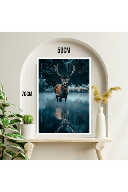Geyik Doğa Büyük Boy Renkli Solmaz Kaliteli Baskı Çerçeve Görünümlü MDF Tablo 70x50cm 47