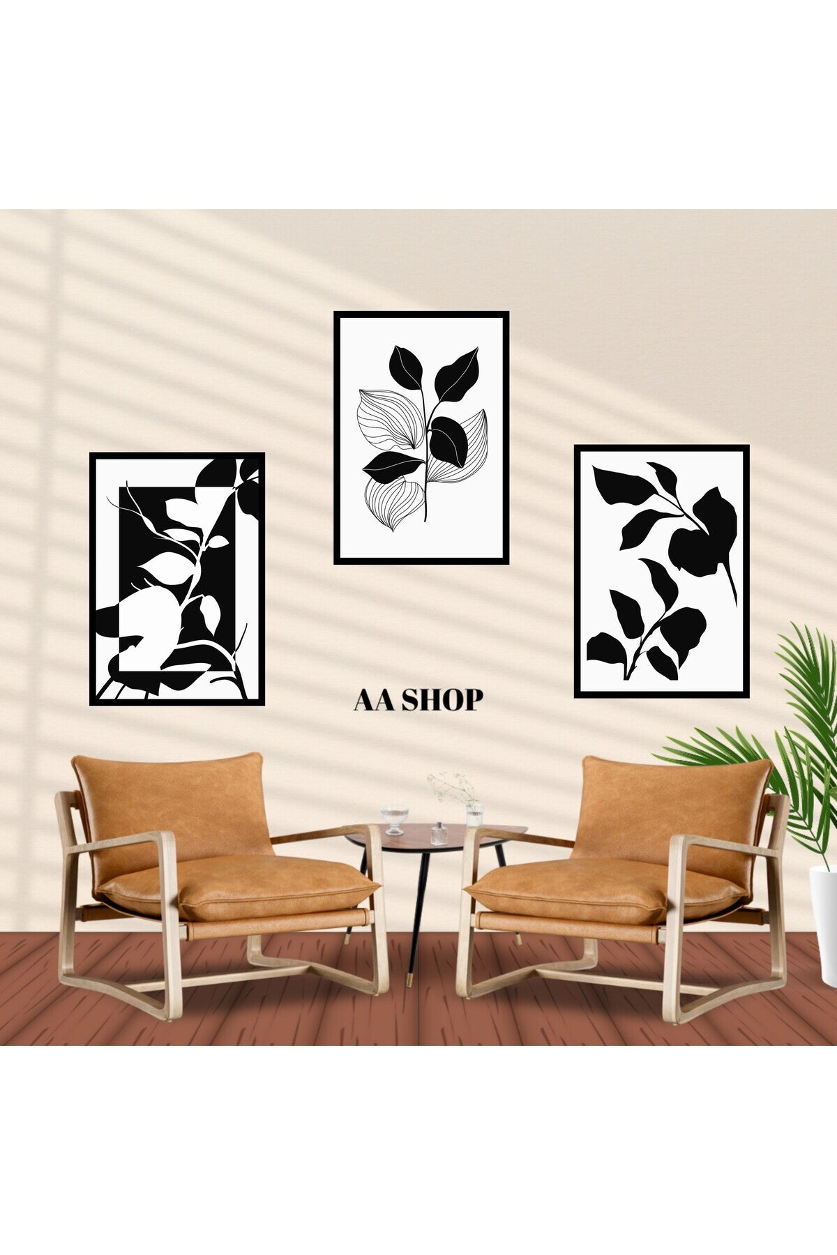 3 Parça Çiçek Yaprak Renkli Solmaz Kaliteli Baskı Çerçeve Görünümlü MDF Tablo Set 43