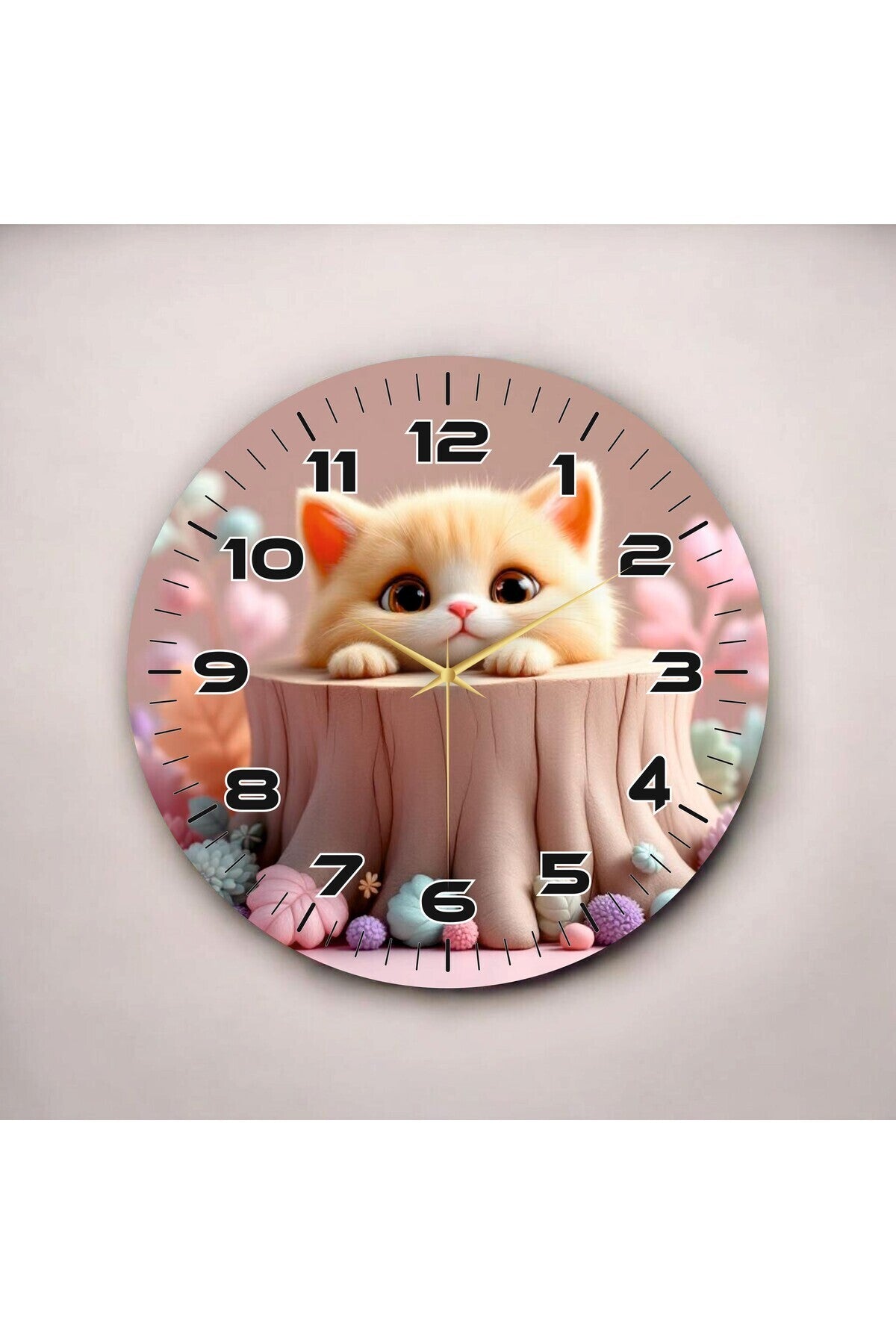 Renkli Baskı Kedi Çocuk Desenli Sayılı Hediyelik Ahşap Sessiz Tablo Duvar Saati