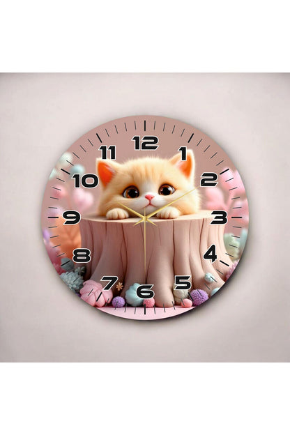 Renkli Baskı Kedi Çocuk Desenli Sayılı Hediyelik Ahşap Sessiz Tablo Duvar Saati