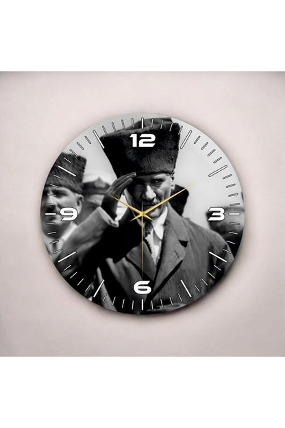 Mustafa Kemal Atatürk Siyah Beyaz Renkli Baskı Sayılı Hediyelik Ahşap Sessiz Tablo Duvar Saati