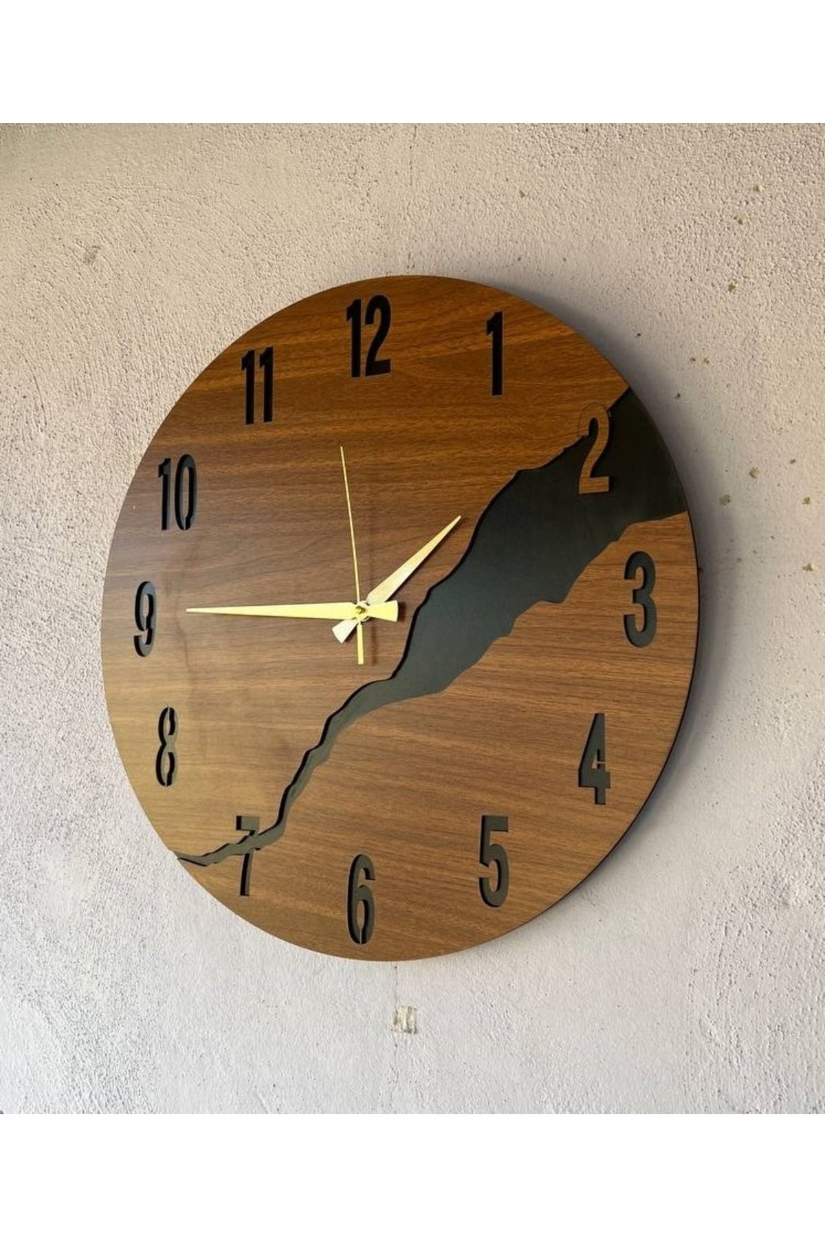 Ahşap Siyah Ceviz Mobilya Renk Desenli Hediyelik Sessiz Duvar Saati 50cm