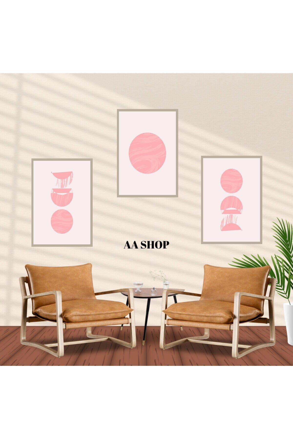 3 Parça Pembe Renkli Solmaz Kaliteli Baskı Çerçeve Görünümlü MDF Tablo Set 13