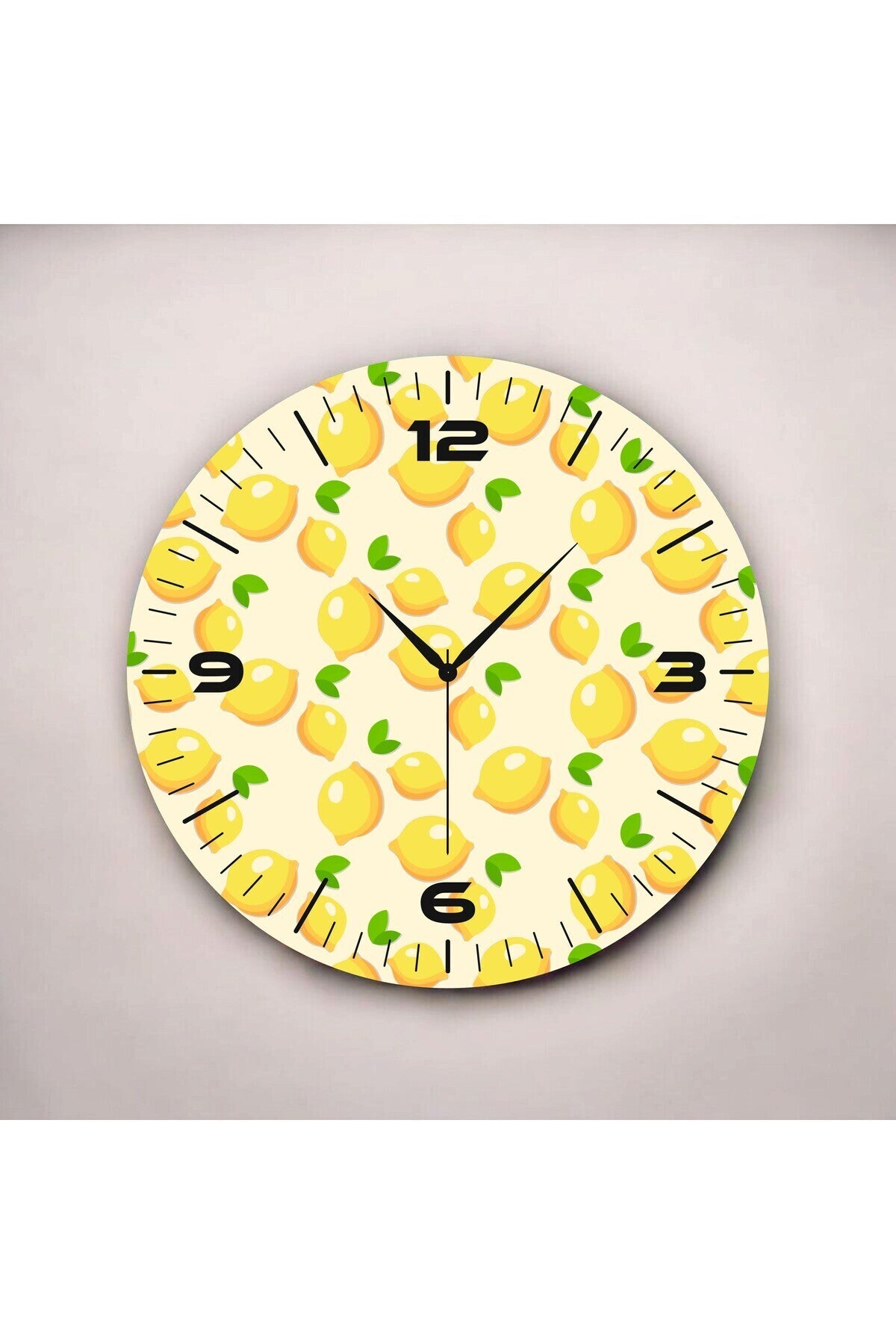 Sarı Renkli Baskı Limon Desenli Sayılı Hediyelik Ahşap Sessiz Tablo Duvar Saati 50cm