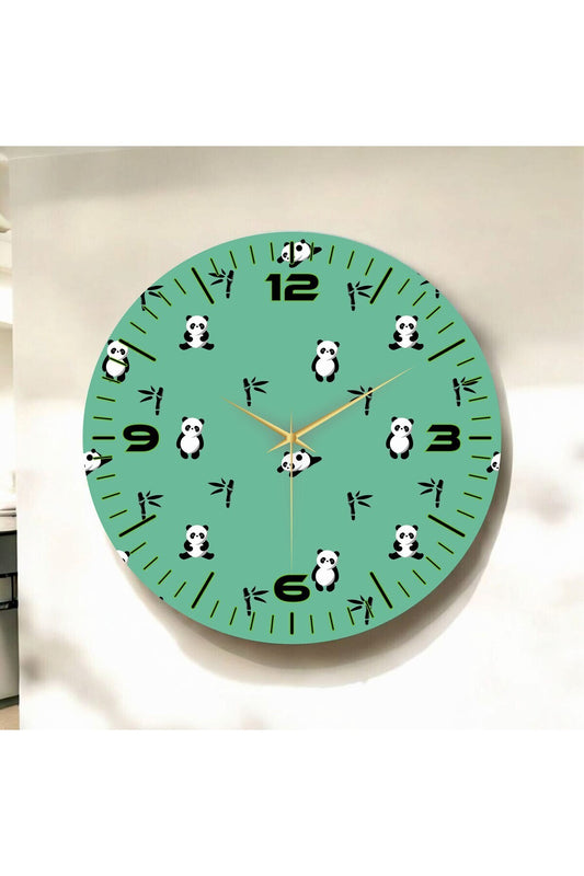 Yeşil Renkli Baskı Panda Çocuk Desenli Sayılı Hediyelik Ahşap Sessiz Tablo Duvar Saati