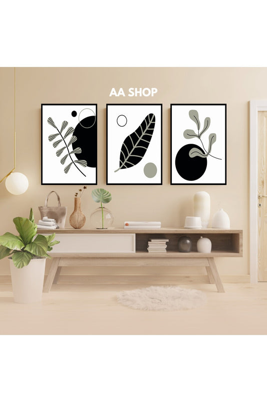 3 Parça Çiçek Yaprak Renkli Solmaz Kaliteli Baskı Çerçeve Görünümlü MDF Tablo Set 55