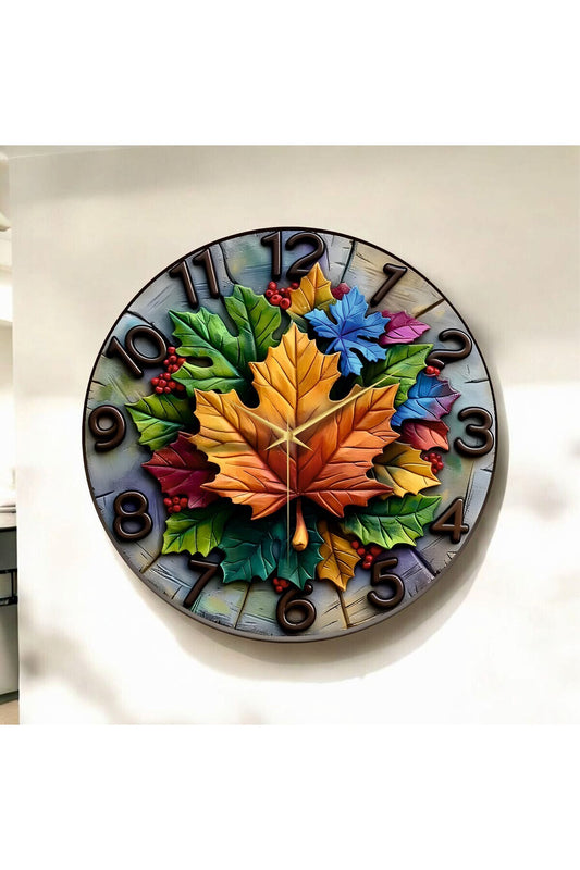 Renkli Baskı Yaprak Desenli Sayılı Hediyelik Ahşap Sessiz Tablo Duvar Saati