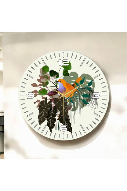 Renkli Baskı Çiçek ve Kuş Desenli Sayılı Hediyelik Ahşap Sessiz Tablo Duvar Saati
