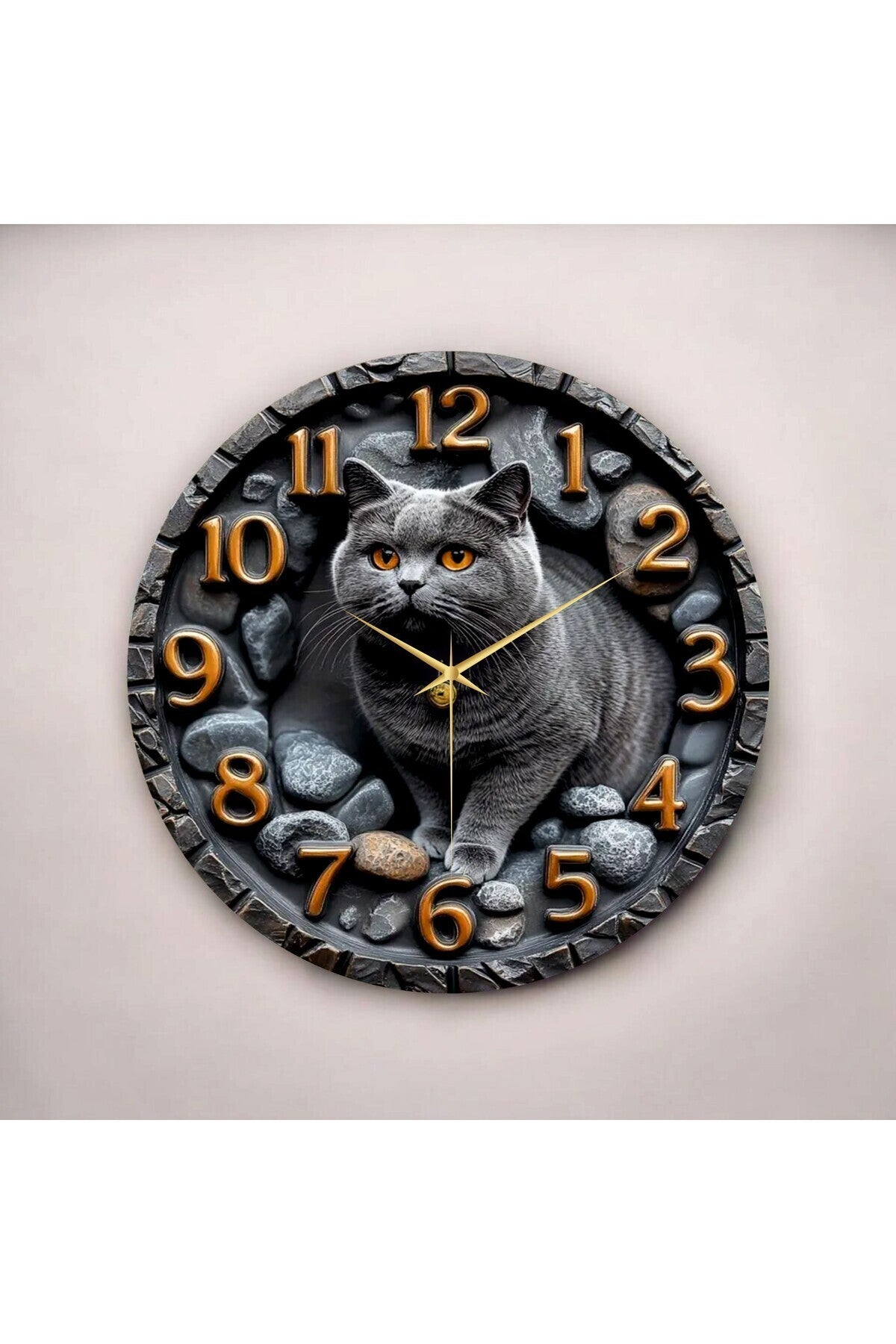 Scottish Kedi Kabartma Görünümlü Renkli Baskı Desenli Sayılı Hediyelik Ahşap Sessiz Duvar Saati