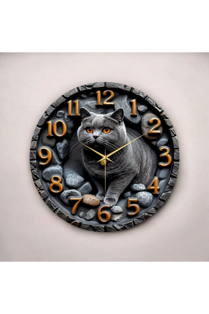 Scottish Kedi Kabartma Görünümlü Renkli Baskı Desenli Sayılı Hediyelik Ahşap Sessiz Duvar Saati