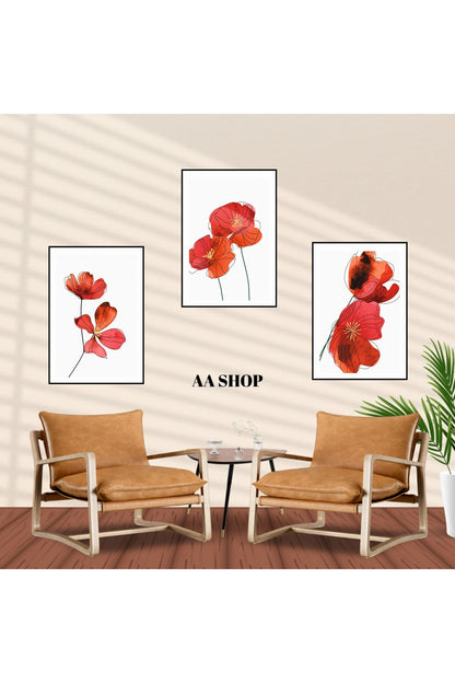 3 Parça Çiçek Yaprak Renkli Solmaz Kaliteli Baskı Çerçeve Görünümlü MDF Tablo Set 34