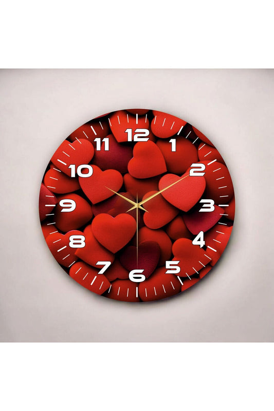 Kırmızı Renkli Baskı Kalp Desenli Sayılı Hediyelik Ahşap Sessiz Tablo Duvar Saati