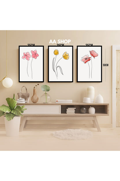 3 Parça Çiçek Renkli Solmaz Kaliteli Baskı Çerçeve Görünümlü MDF Tablo Set 33