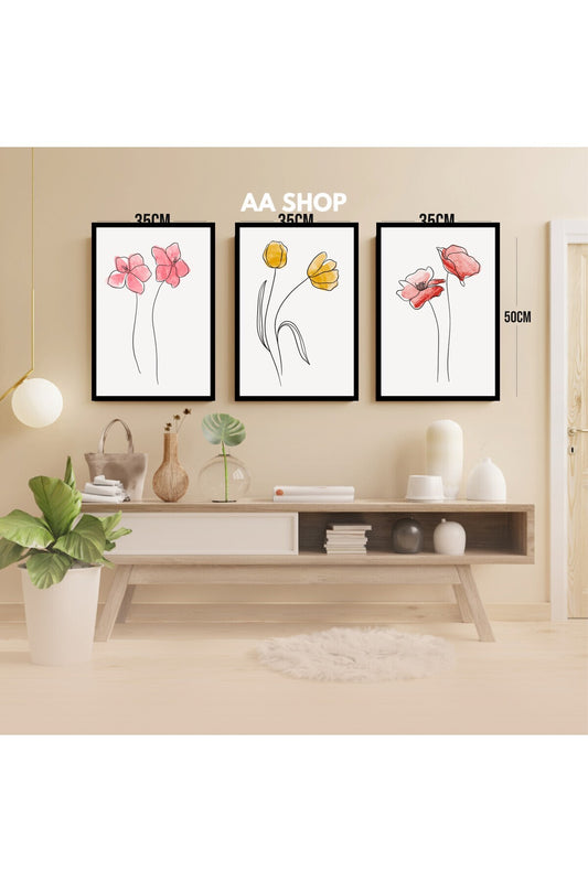 3 Parça Çiçek Renkli Solmaz Kaliteli Baskı Çerçeve Görünümlü MDF Tablo Set 33