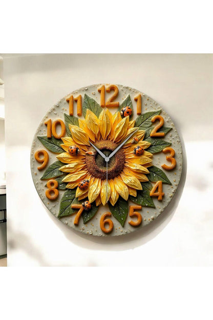 Renkli Baskı Ayçiçek Desenli Sayılı Hediyelik Ahşap Sessiz Tablo Duvar Saati