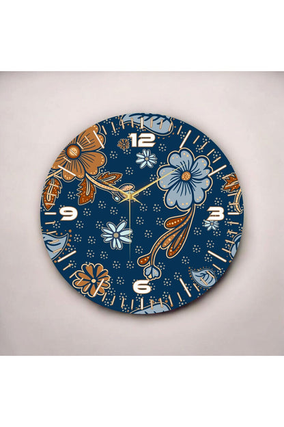 Papatyalı Lacivert Renkli Baskı Çiçek Desenli Sayılı Hediyelik Ahşap Sessiz Tablo Duvar Saati