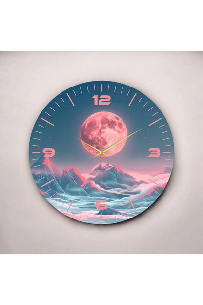 Renkli Baskı Ay Dağ Doğa Desenli Sayılı Hediyelik Ahşap Sessiz Tablo Duvar Saati
