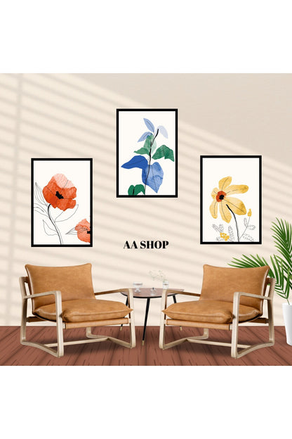 3 Parça Çiçek Yaprak Renkli Solmaz Kaliteli Baskı Çerçeve Görünümlü MDF Tablo Set 35