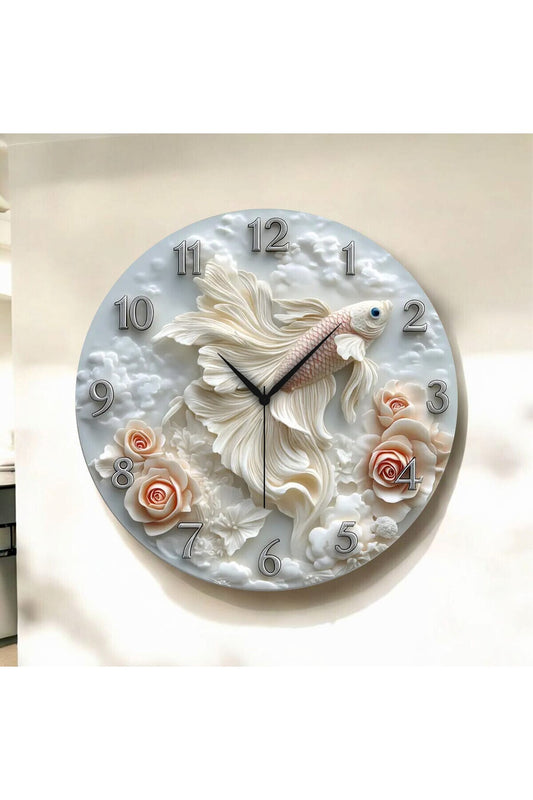 Renkli Baskı Balık Gül Çiçek Desenli Sayılı Hediyelik Ahşap Sessiz Tablo Duvar Saati