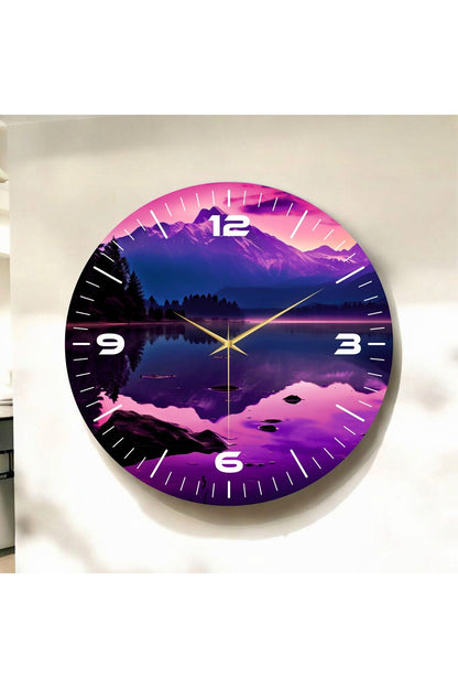 Göl Manzaralı Mor Renkli Baskı Desenli Sayılı Hediyelik Ahşap Sessiz Tablo Duvar Saati