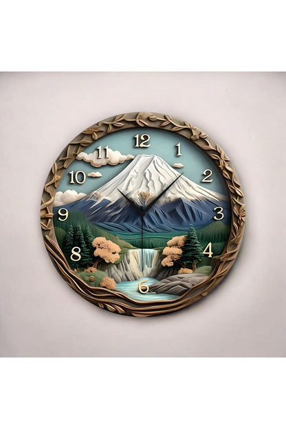 Kabartma Görünümlü Renkli Baskı Doğa Desenli Sayılı Hediyelik Ahşap Sessiz Tablo Duvar Saati