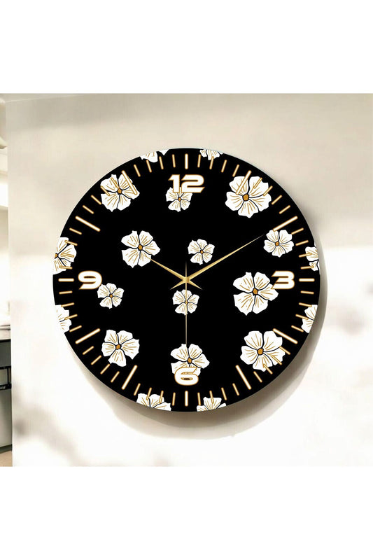 Çiçek Temalı Siyah Renkli Baskı Papatya Desenli Sayılı Hediyelik Ahşap Sessiz Tablo Duvar Saati