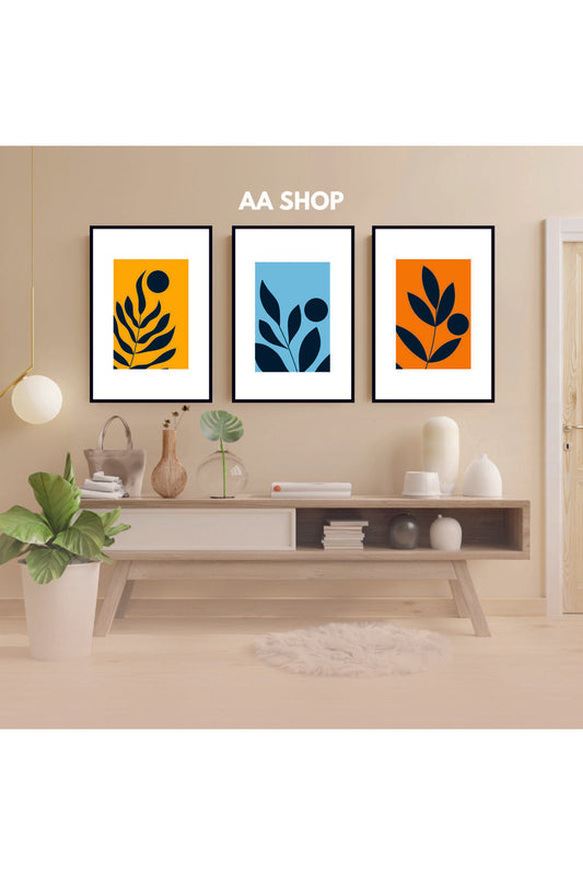 3 Parça Çiçek Yaprak Renkli Solmaz Kaliteli Baskı Çerçeve Görünümlü MDF Tablo Set 60