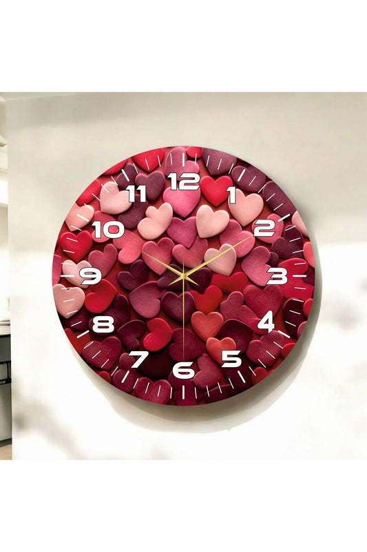 Renkli Baskı Kalp Desenli Sayılı Hediyelik Ahşap Sessiz Tablo Duvar Saati