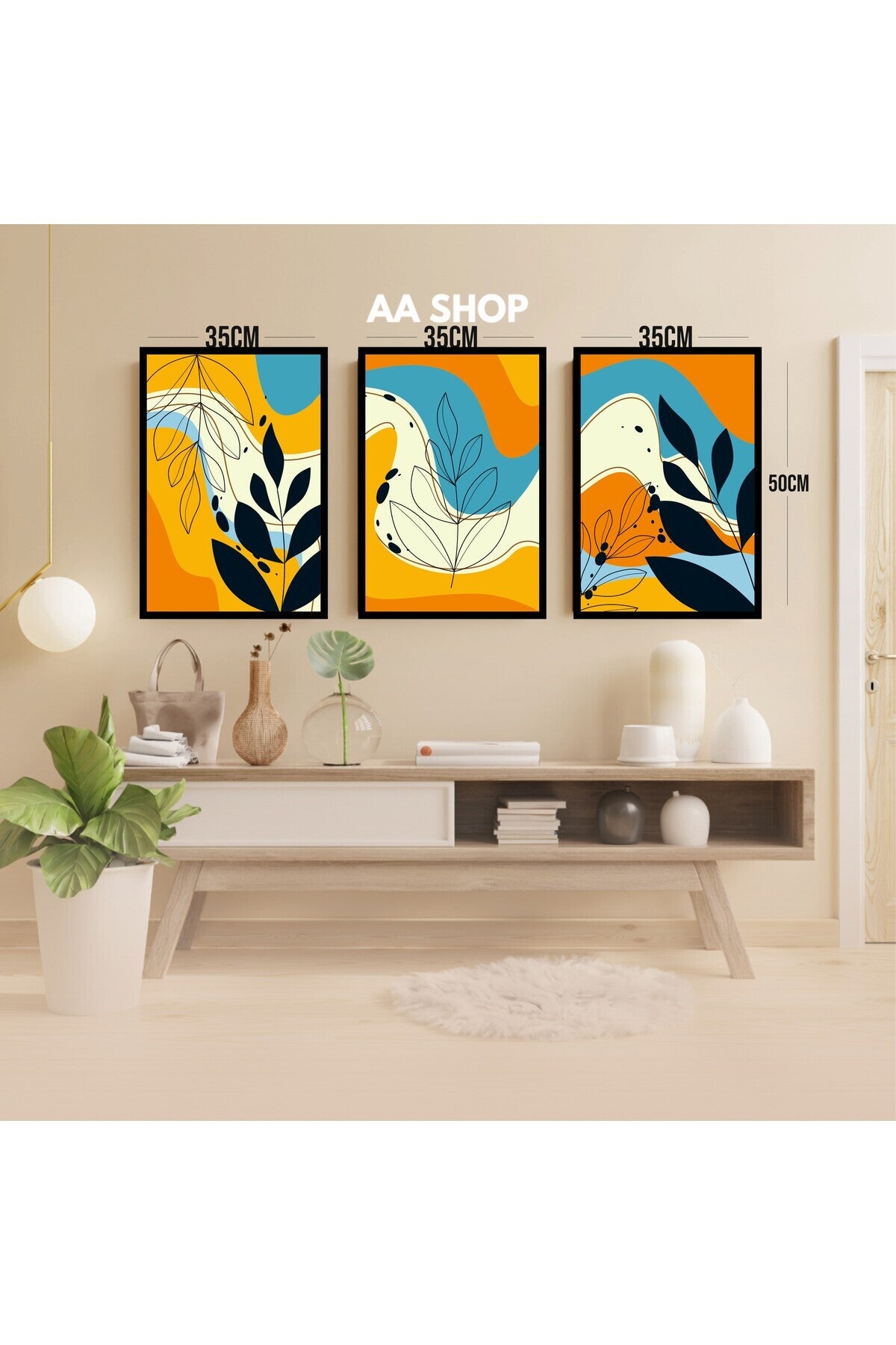 3 Parça Çiçek Yaprak Renkli Solmaz Kaliteli Baskı Çerçeve Görünümlü MDF Tablo Set 51