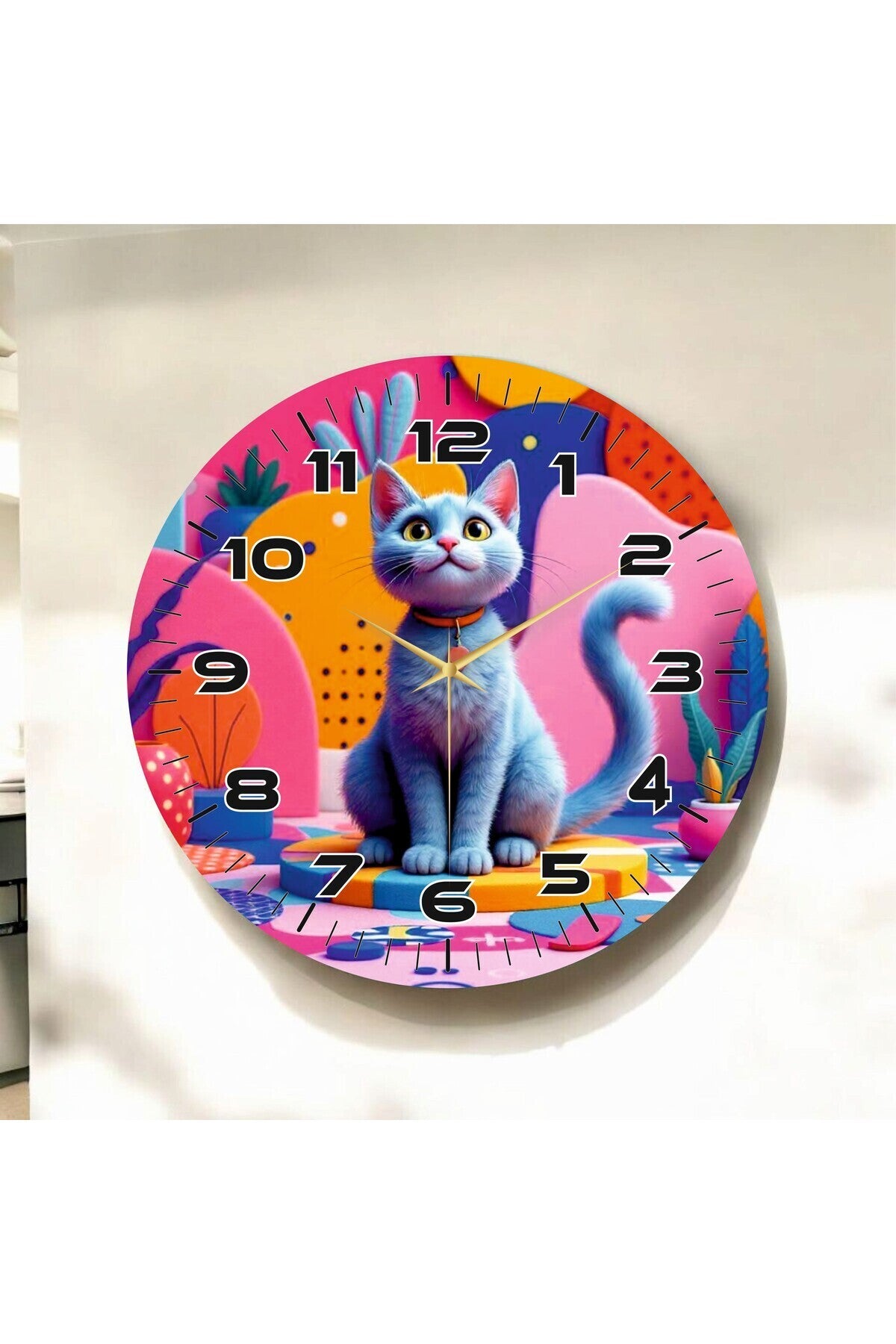 Çizgi Kedi Tasarımlı Renkli Baskı Desenli Sayılı Hediyelik Ahşap Sessiz Tablo Duvar Saati