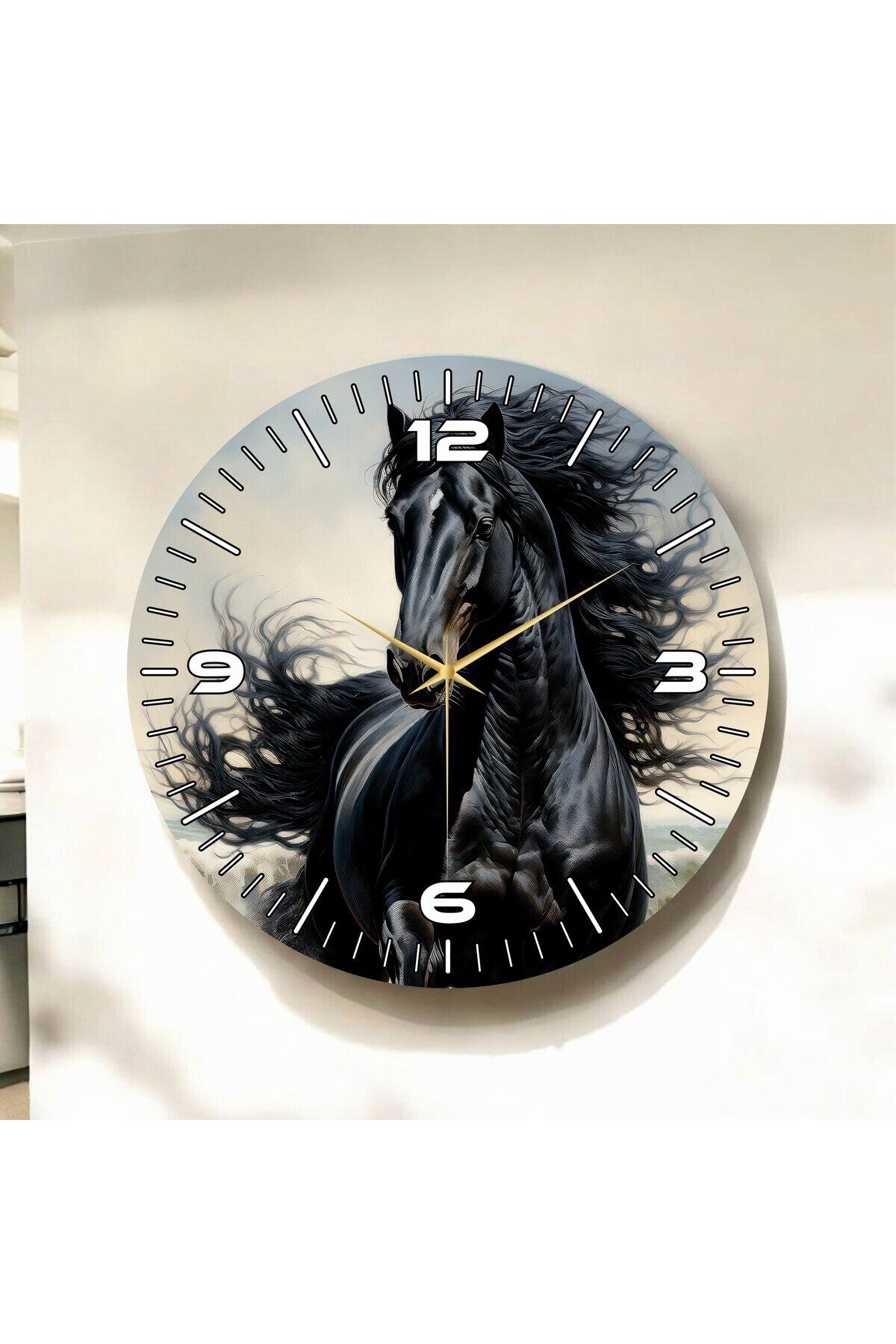 Siyah At Renkli Baskı Hayvan Desenli Sayılı Hediyelik Ahşap Sessiz Tablo Duvar Saati