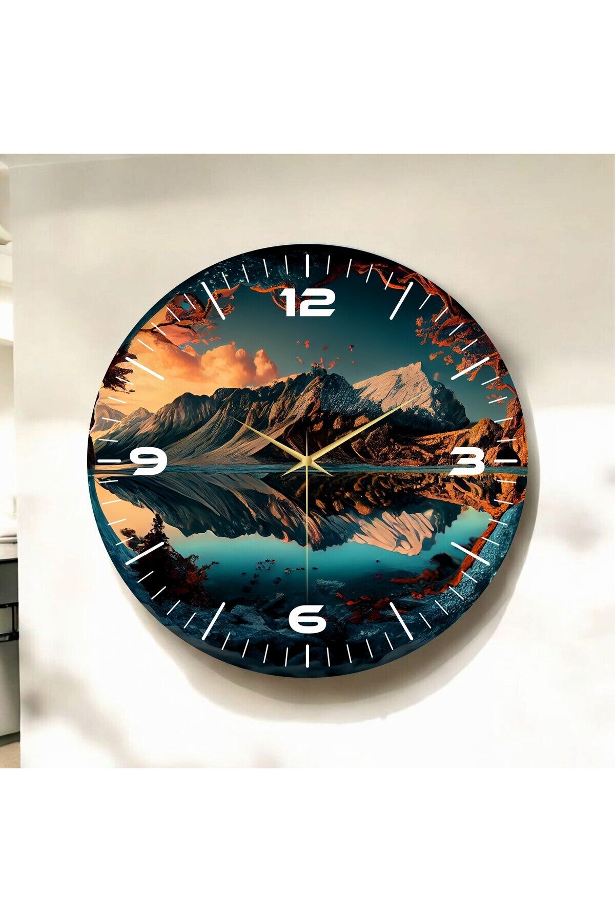Renkli Baskı Dağ Doğa Desenli Sayılı Hediyelik Ahşap Sessiz Tablo Duvar Saati