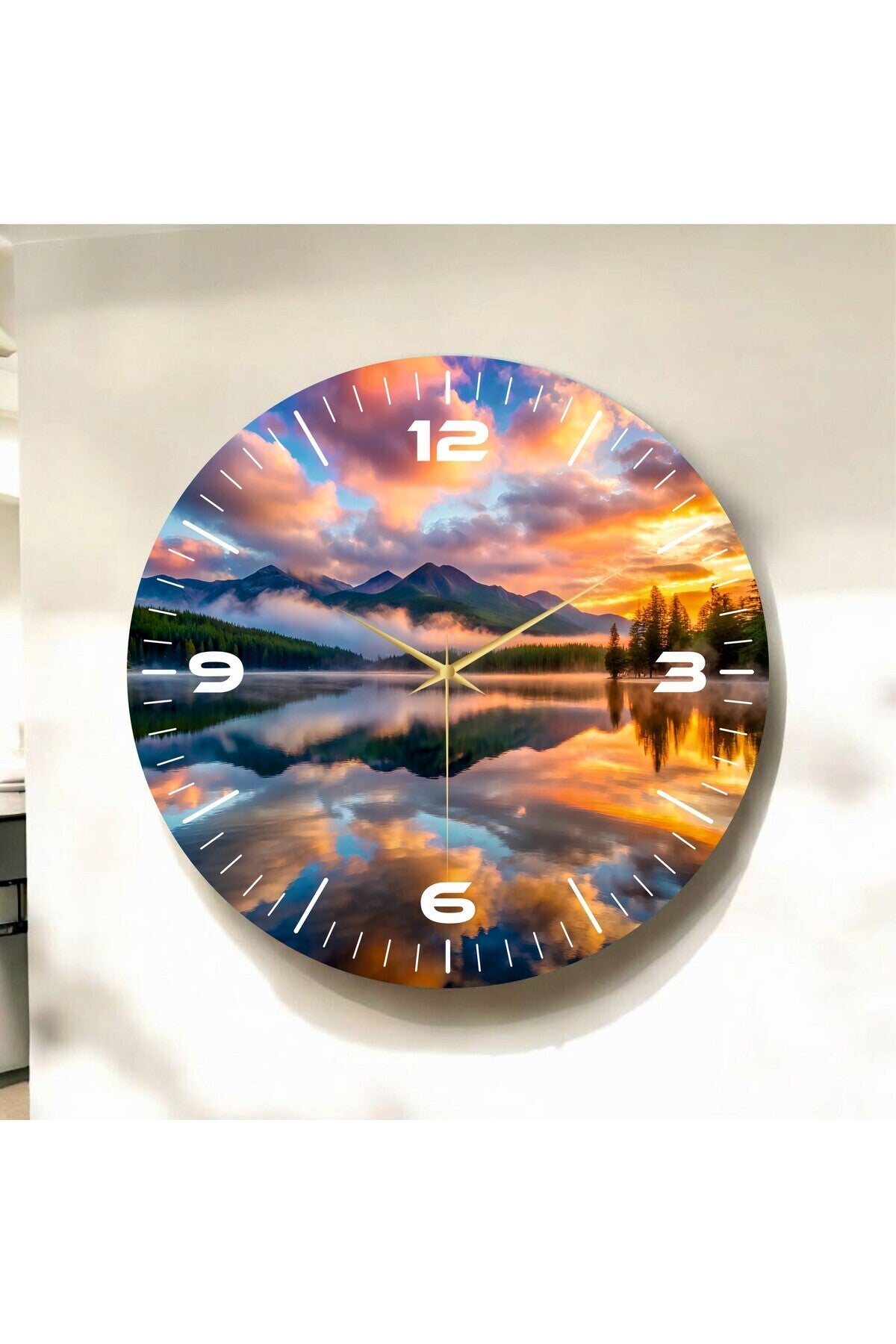 Renkli Baskı Gün Batımı ve Göl Manzarası Desenli Sayılı Hediyelik Ahşap Sessiz Duvar Saati