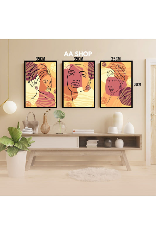 3 Parça Kadın Çiçek Renkli Solmaz Kaliteli Baskı Çerçeve Görünümlü MDF Tablo Set 46