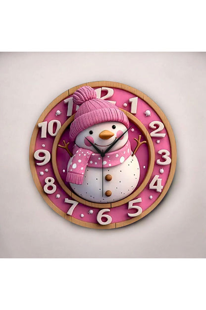 Pembe Kardan Adam Renkli Baskı Desenli Sayılı Hediyelik Ahşap Sessiz Tablo Duvar Saati
